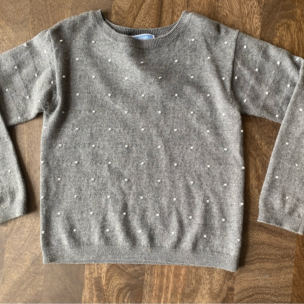 Jacadi soft gray and white polka dot sweater.